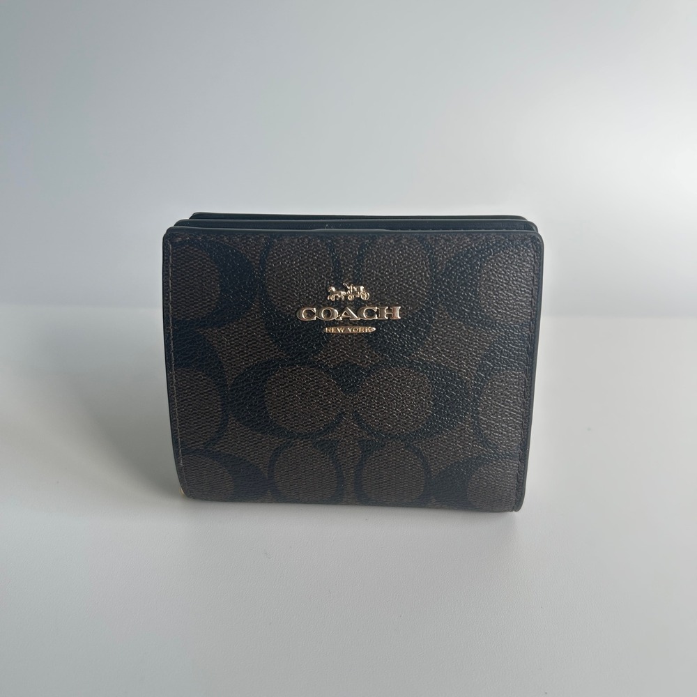 Coach Snap Wallet In Signature Canvas Brown Black Bi-Fold C3309